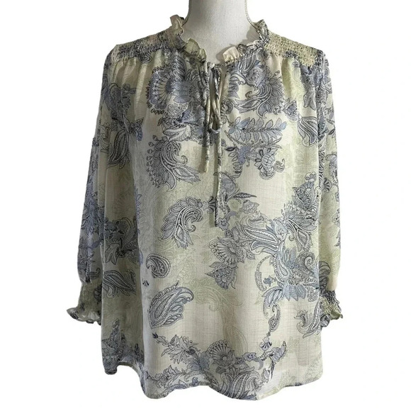 By The River Blouse Large Sheer Floral Seersucker Ruffle Keyhole Blue Womens Top - Picture 1 of 9